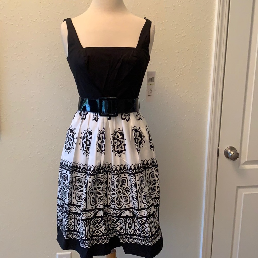 NWT Maggy London 4P Black and White Belted Dress new fit and flare